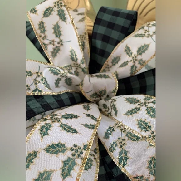 Christmas Wreath Bow, Farmhouse Christmas Bow, Green and Gold Christmas Bow, - Picture 4 of 5